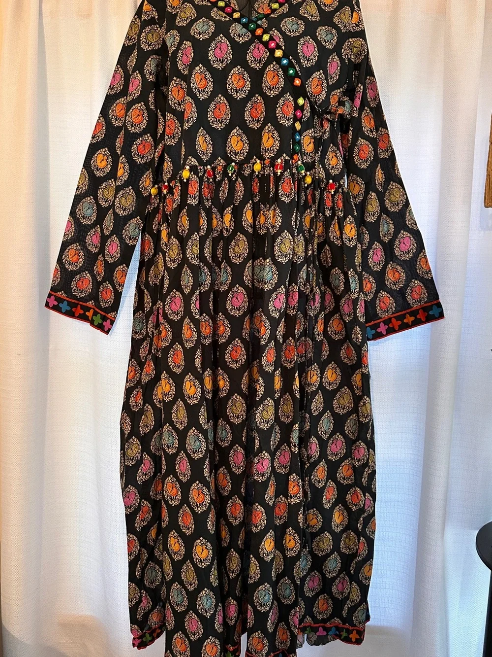 Rang Ja Black Printed Long-Sleeve Pakistani Wrap-Style A-Line Kurta/Dress